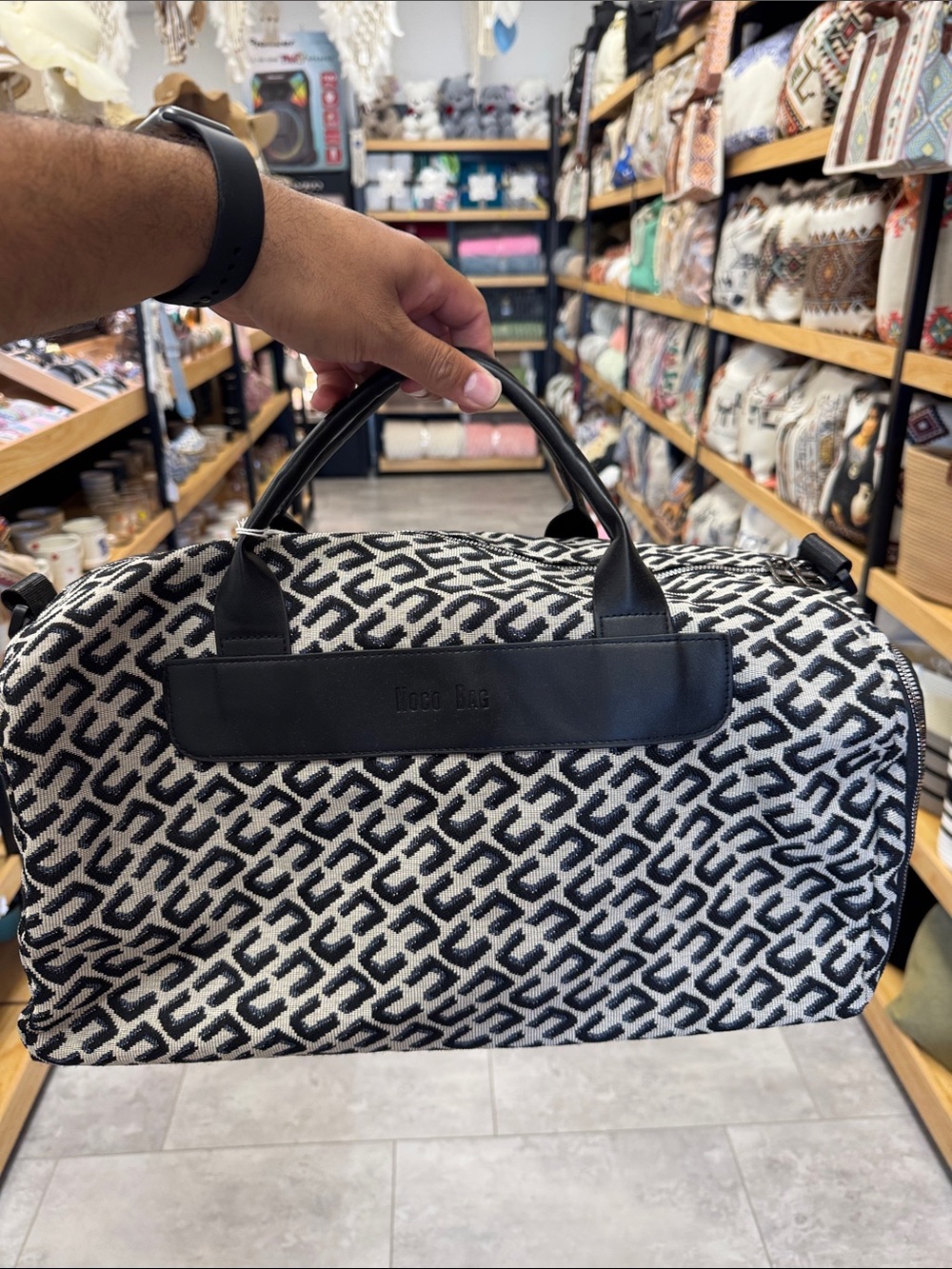 Men's Black & White Patterned Duffle Bag - Travel Weekend Bag